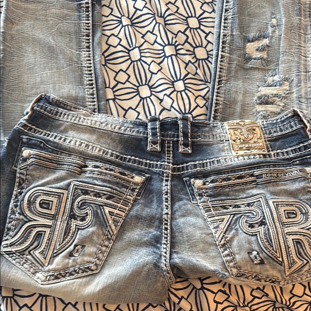 Rock Revival Blue Straight Jeans with Vintage Distressing